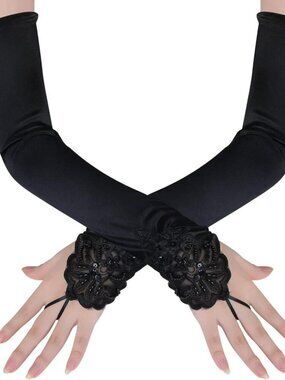 Women's Long Smooth Black Long Opera Party 20s Satin Glove Stretchy Elbow Length